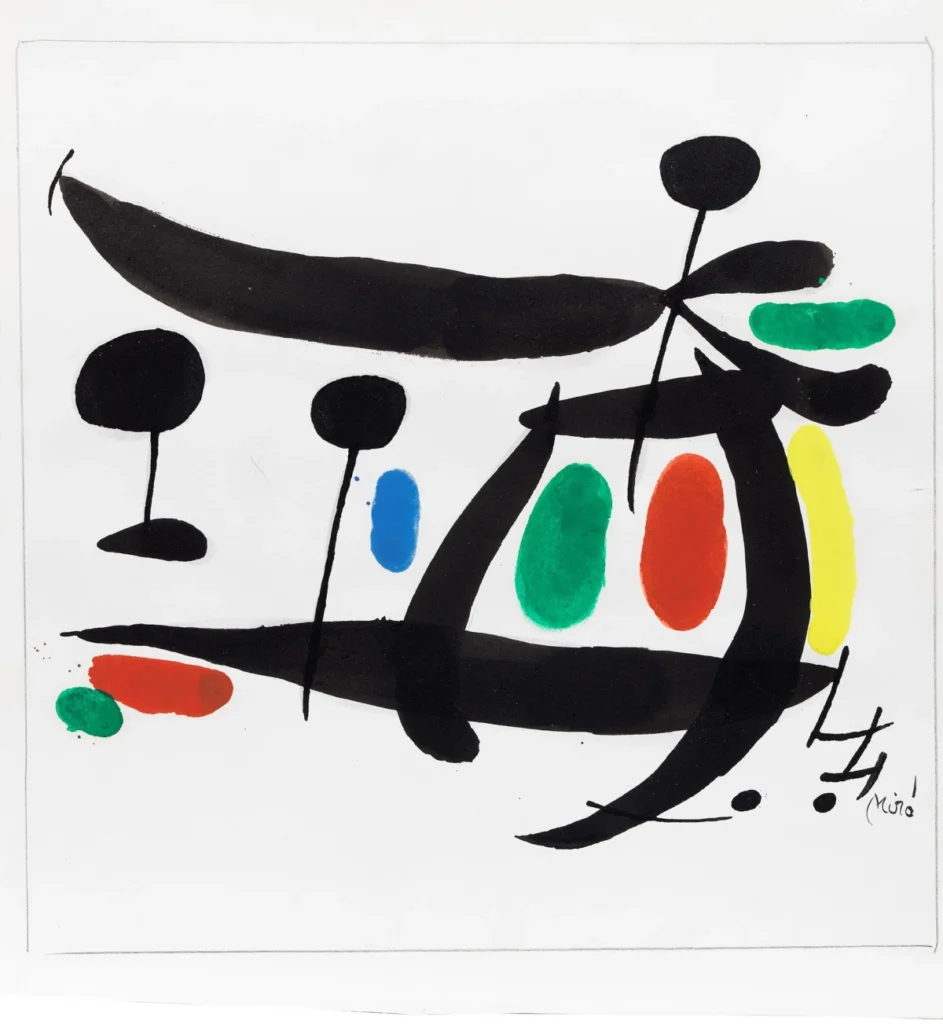 Joan MIró painting - bold black lines cut across a white field with splashes of the primary colours yellow, green, blue and red applied in a minimal fashion
